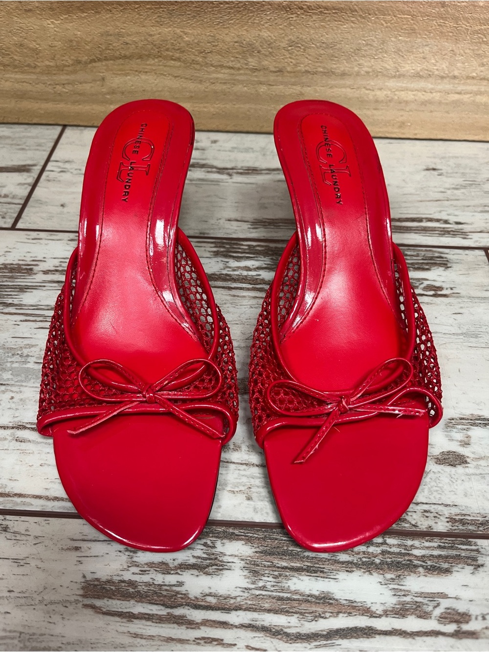 Chinese Laundry Red Mesh Kitten Heel Mules Bow Detail Square Toe Size 8